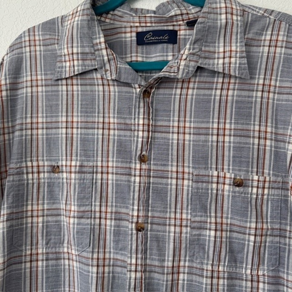 Roundtree & Yorke Casuals Shirt Mens XXL Blue Brown Plaid Cotton Short Sleeve - Picture 2 of 8